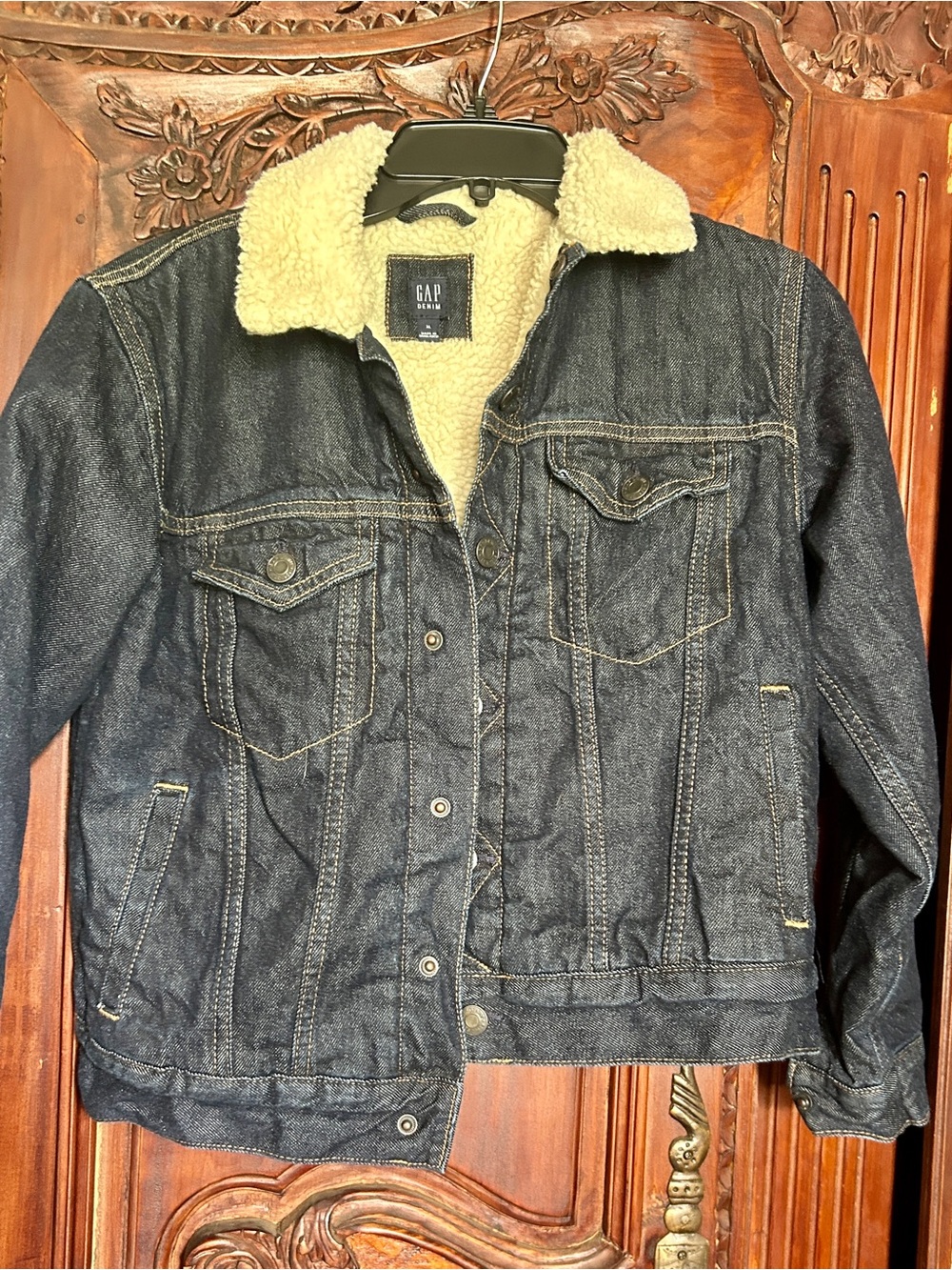 GAP Dark Blue Denim Sherpa-Lined Bomber Jacket with Cream Collar